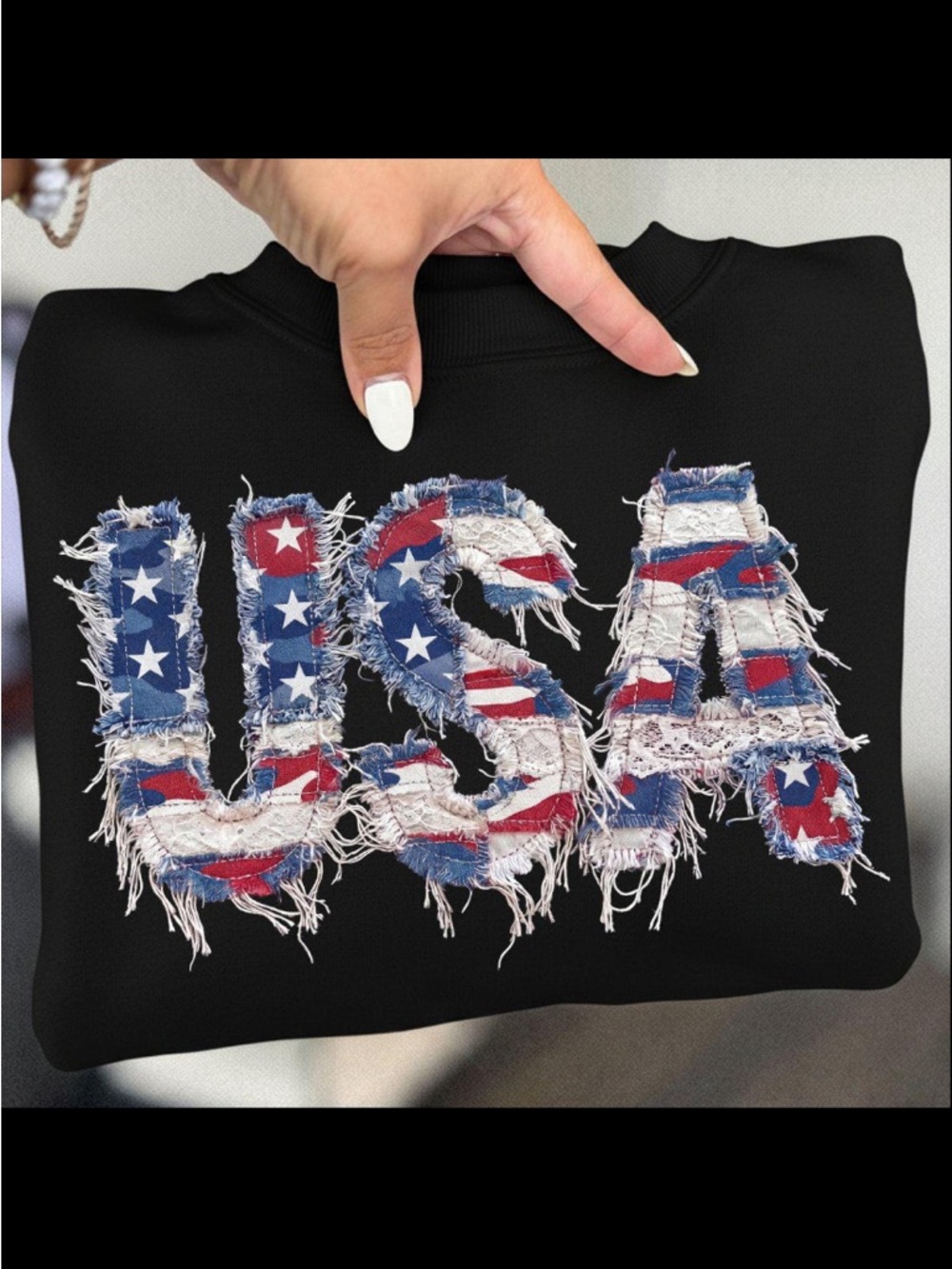 Black T-Shirt with Distressed American Flag "USA" Applique